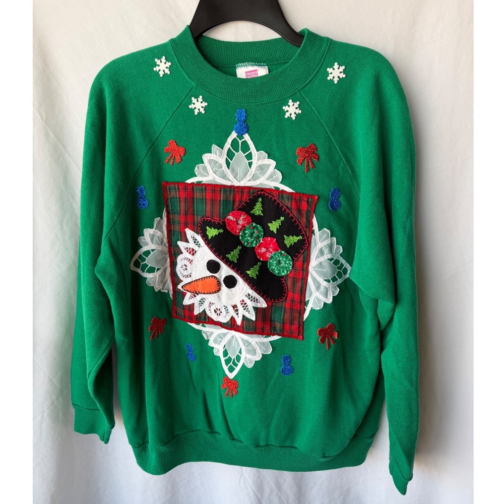 Vintage Handcrafted Ugly Christmas Y2K Sweatshirt Green Snowman Plaid Lace Large